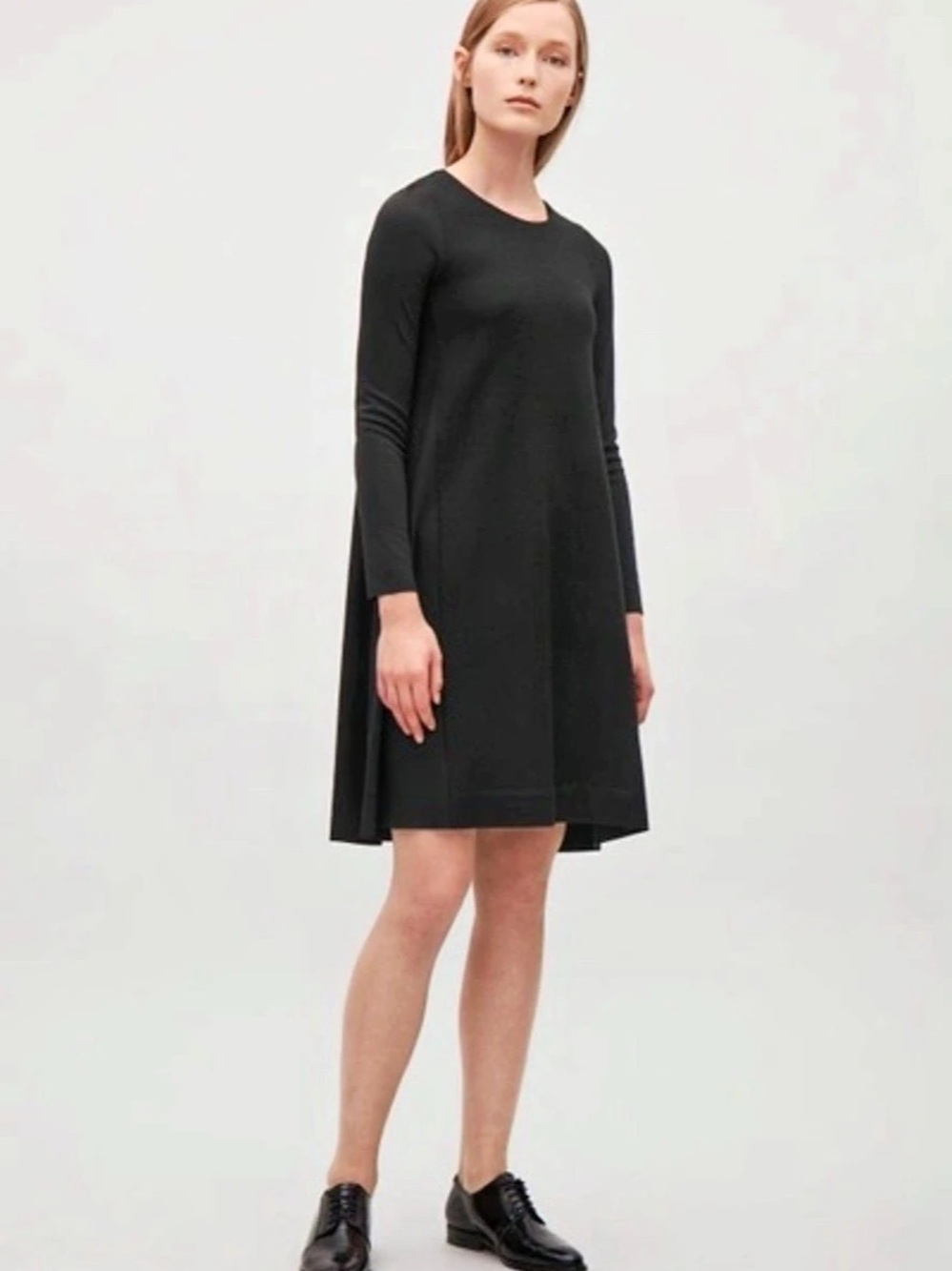 COS Minimalist Contrast-Front Jersey Dress | Black Wool-Blend A-Line | Size M